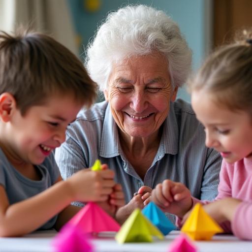 子供たちと笑顔で折り紙をする高齢者